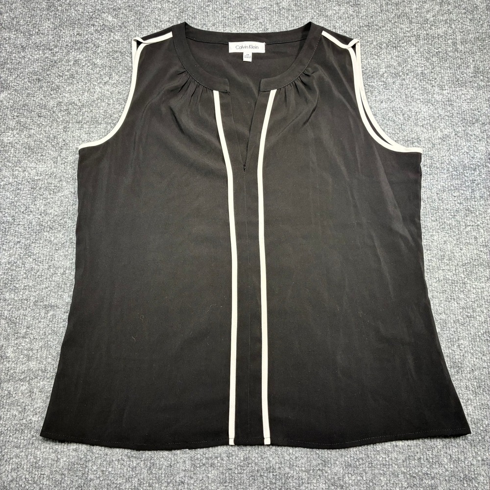 Calvin Klein Women Petite Medium Black Sleeveless V-Neck‎ Trimmed Blouse Top